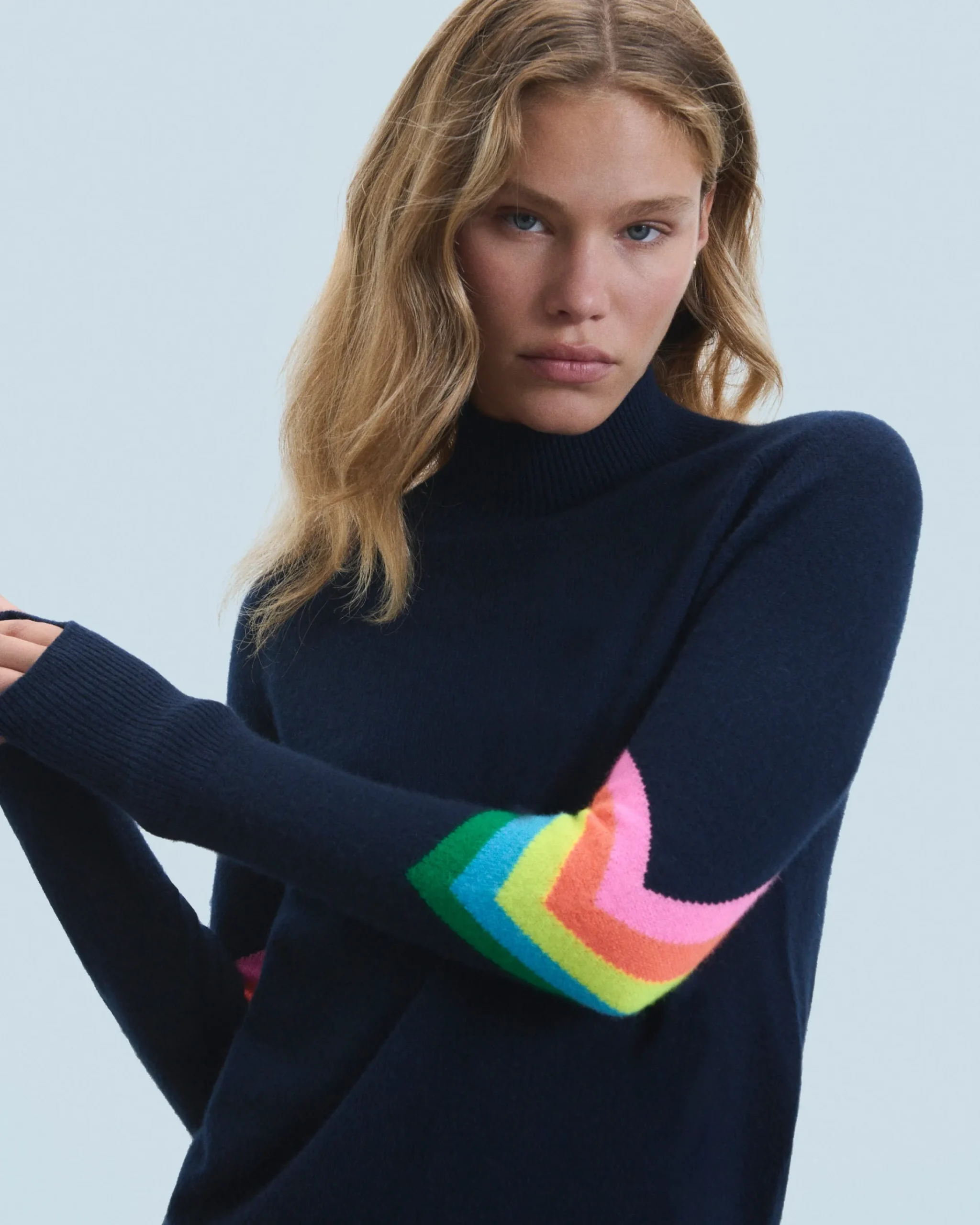 Maglione Collo alto Bande maniche Multicolori Leggero