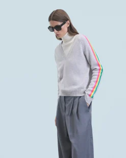 Maglione Scollo a V Strisce per maniche multico