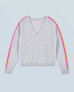 Maglione Scollo a V Strisce per maniche multico