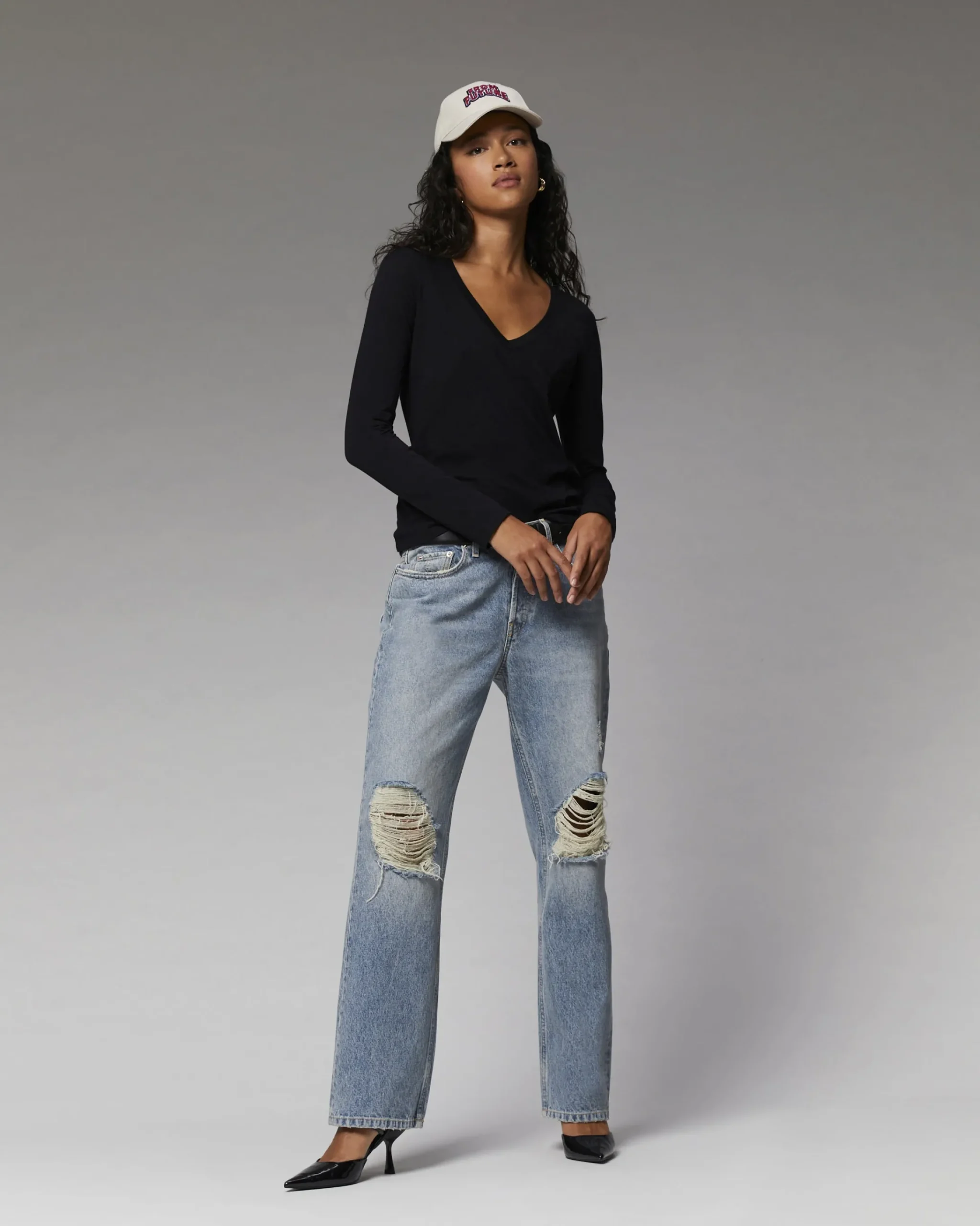 T-Shirt Scollo a V Maniche lunghe Basic