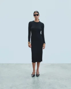 Vestito Lungo Maniche lunghe a Coste con Spacco