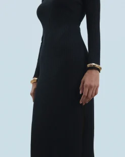 Vestito Lungo Maniche lunghe a Coste con Spacco